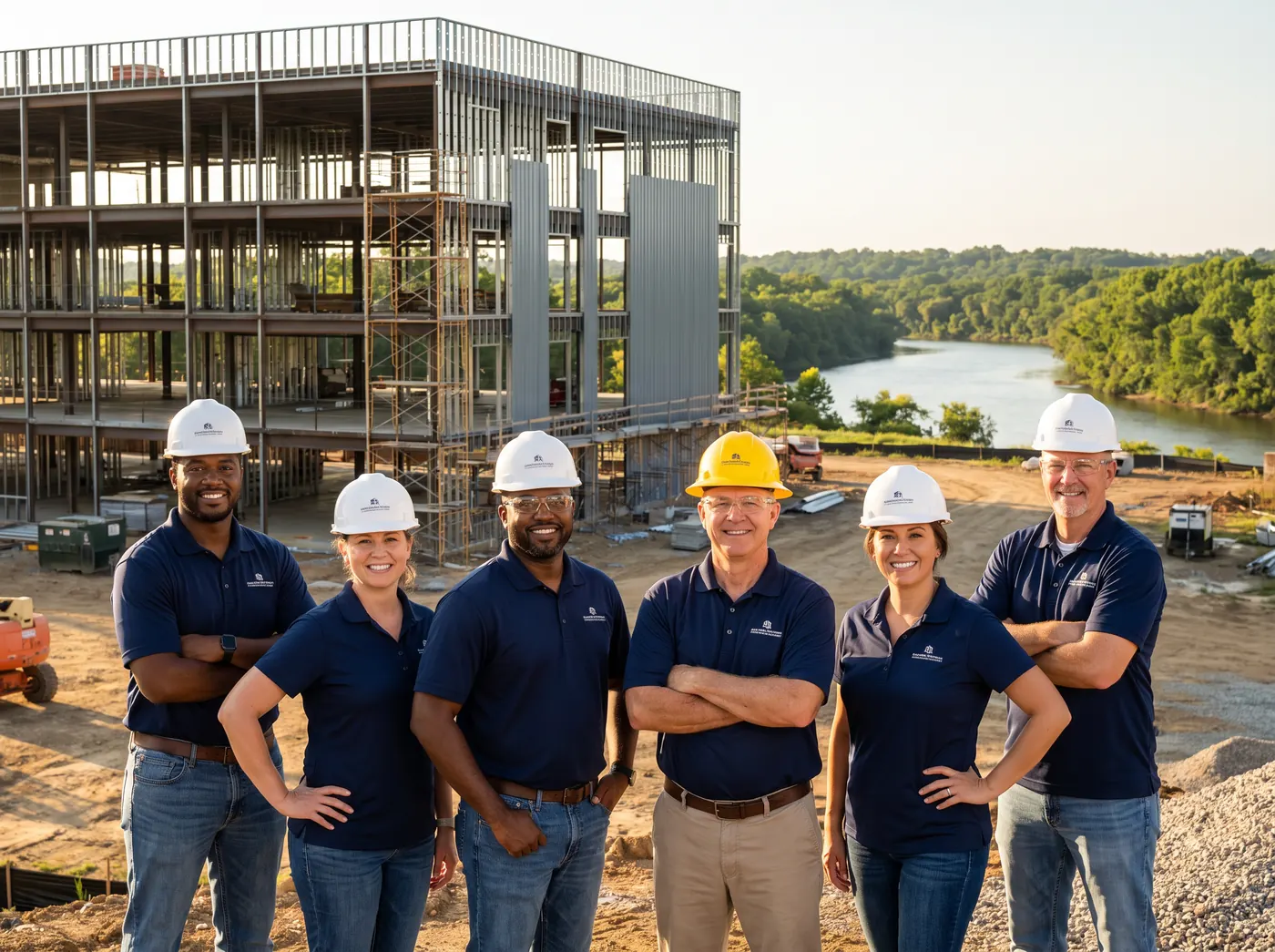 The Riverside Contractors crew standing in front of a building under construction along the Arkansas River