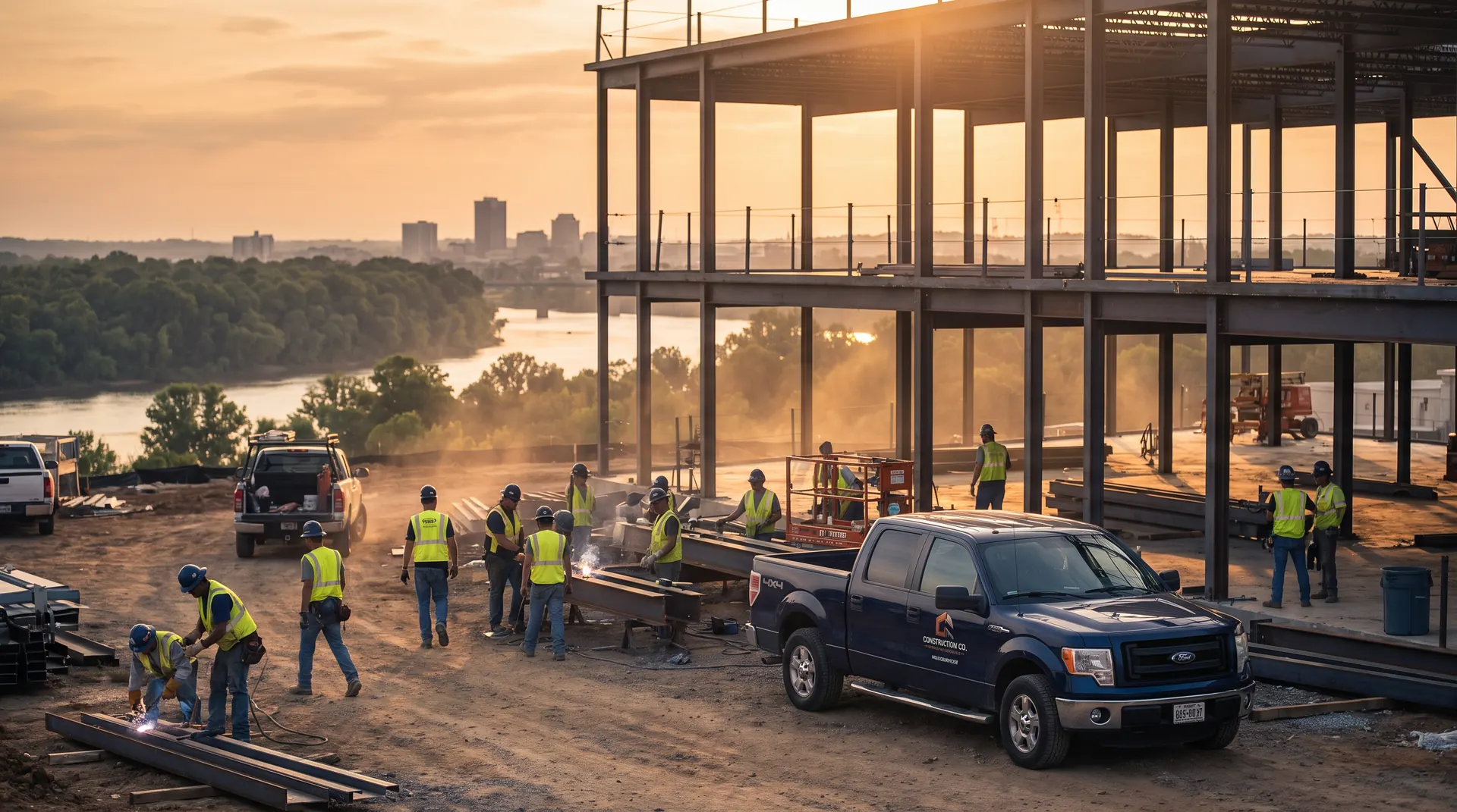Riverside Contractors crew working a commercial steel-frame build at sunset above the Arkansas River