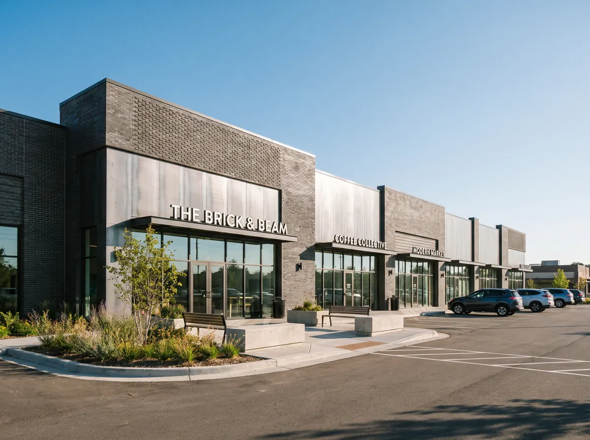 Completed commercial retail building with brick and metal facade