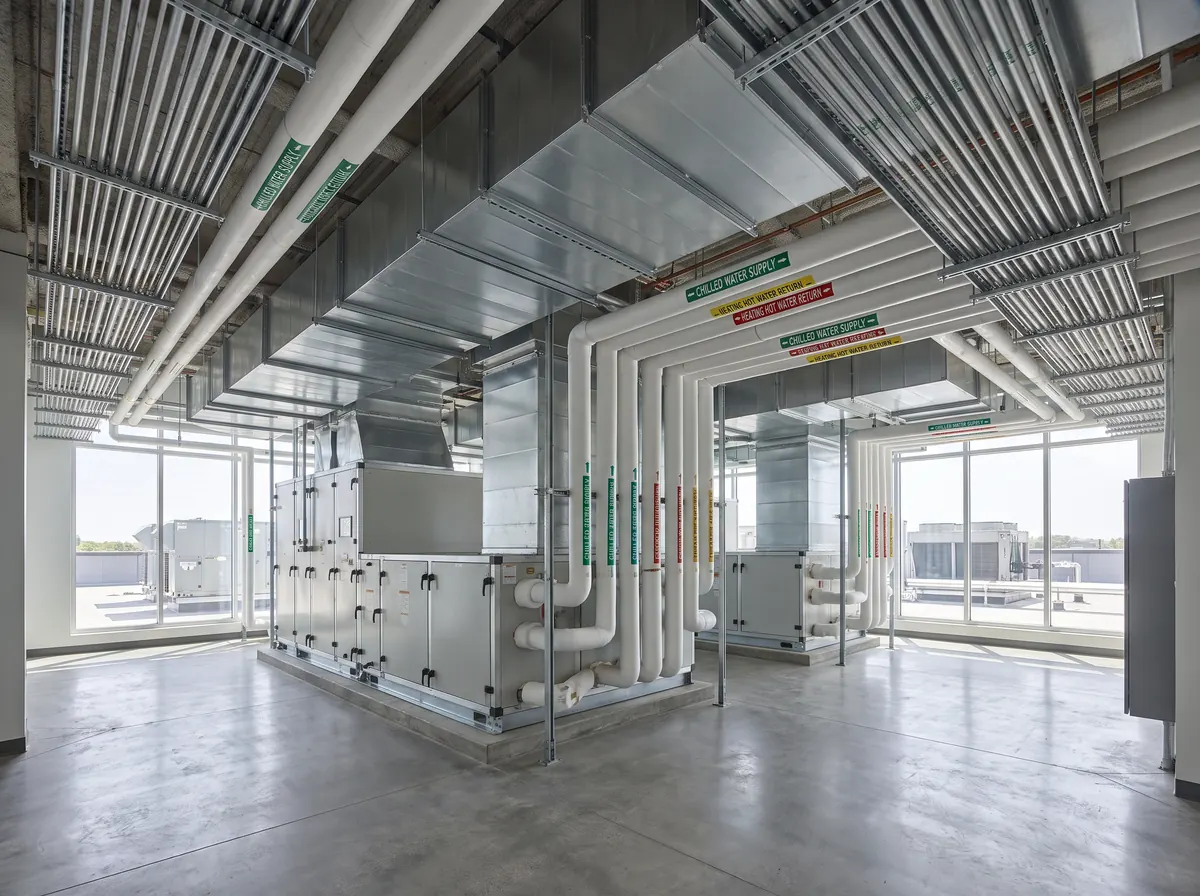 Organized commercial mechanical room with HVAC ductwork and piping