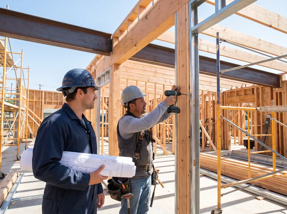 Two Riverside contractors reviewing blueprints while framing a building addition