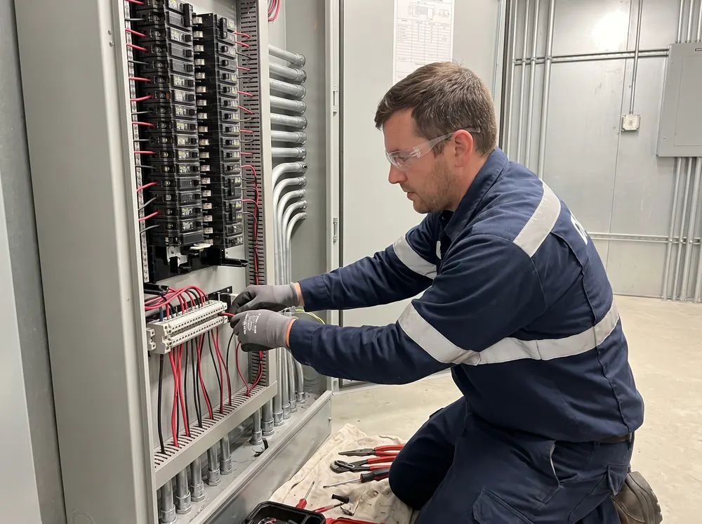 Riverside electrician wiring an open commercial electrical panel