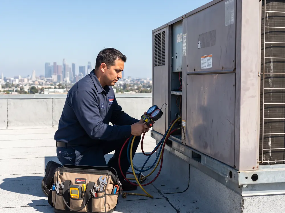 Riverside HVAC technician servicing a rooftop commercial unit
